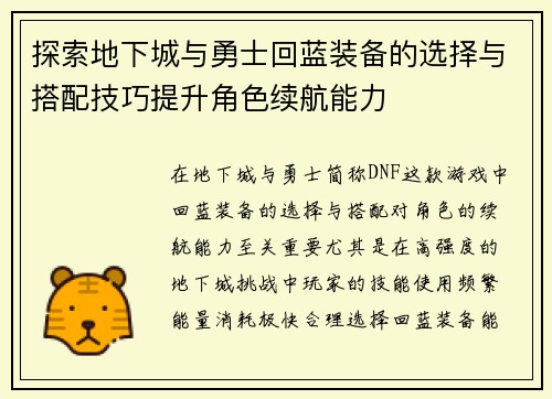 探索地下城与勇士回蓝装备的选择与搭配技巧提升角色续航能力