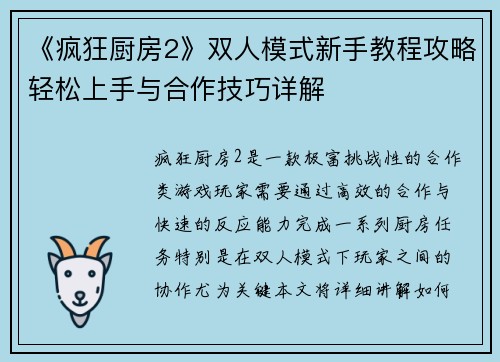 《疯狂厨房2》双人模式新手教程攻略轻松上手与合作技巧详解